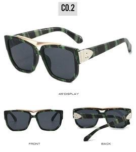 Detailed views of dark green marble square sunglasses with gold metal bridge and hinges