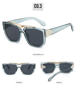 Three-view display of teal square sunglasses with grey lenses and gold metal hinge accents