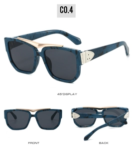Three-angle display of blue marble oversized square sunglasses with gold metal accents