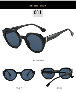 Detail view of black round geometric sunglasses with dark blue lenses from multiple angles