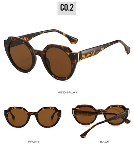 Three-angle view of tortoiseshell irregular round sunglasses with detailed metal hinges