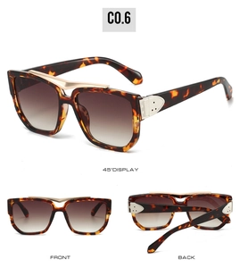 Three-view display of oversized tortoise square sunglasses with gold metal hinges