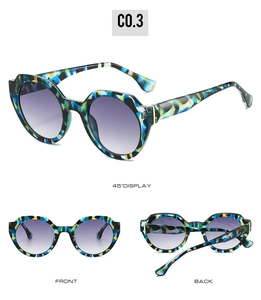 Three-angle view of tortoiseshell round sunglasses with blue-yellow frame and purple lenses