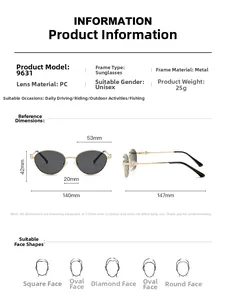 Size chart and dimensions for 9631 oval metal sunglasses with lens width and frame height