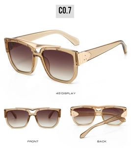 Detailed views of champagne square oversized sunglasses with gradient brown lenses