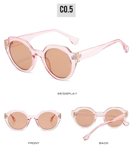 Three-angle display of pink translucent round sunglasses with orange lenses