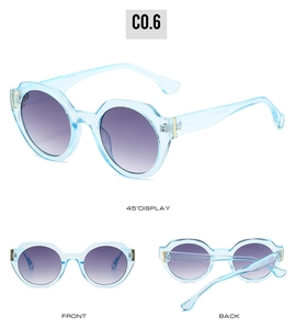 Three views of light blue transparent round sunglasses with purple gradient lenses
