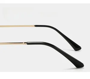 Detail of curved metal temple with ergonomic black non-slip tips for comfort