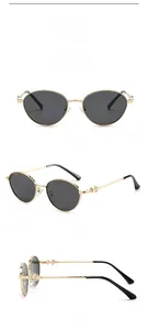 Detailed views of gold oval sunglasses showing metal texture and black lenses from three angles