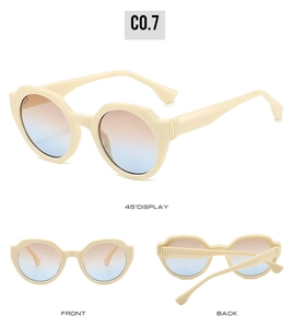 Detailed views of irregular cream sunglasses featuring orange to blue gradient lenses