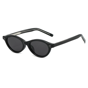 Classic oval polarized sunglasses in black frame with silver rivets, 45-degree front view