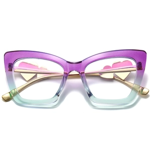Cat eye glasses with purple gradient frames and golden heart temple details