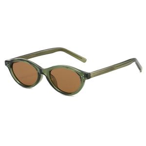 Retro olive green oval sunglasses with brown lenses and acetate frame on white background
