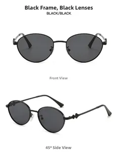 Front and side view of oval fashion sunglasses with black frames and dark grey lenses