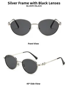Detail of silver oval sunglasses featuring vintage hollow metal temples and grey lenses