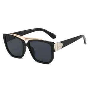 Classic black oversized square sunglasses with gray lenses and gold V-shaped metal bridge