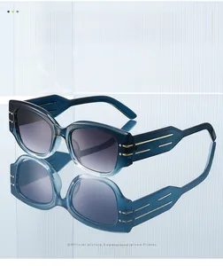 Detail of blue translucent round sunglasses with gold accents and gradient lenses