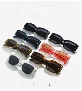 Detailed multi-color display of square fashion sunglasses in black, blue, and green colors