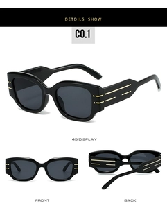 Detailed multi-angle view of black round frame sunglasses with golden stripe accents