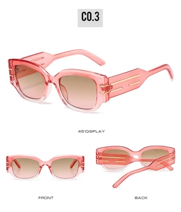 Three-angle view of pink transparent round sunglasses with gradient brown lenses