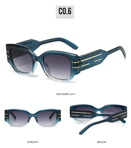 Detailed views of round blue-green gradient sunglasses with golden temple accents