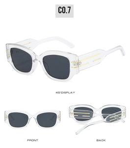 Detailed views of round fashion sunglasses with clear frames and gold hinge accents