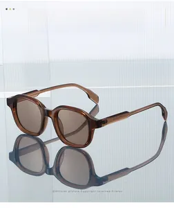 Détail de lunettes de soleil marron transparentes montrant les charnières et marquages