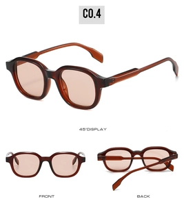 Vue détaillée de lunettes de soleil rondes ambre avec monture translucide sous plusieurs angles