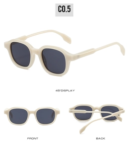 Vues sous trois angles de lunettes de soleil rétro crème avec verres gris et monture épaisse