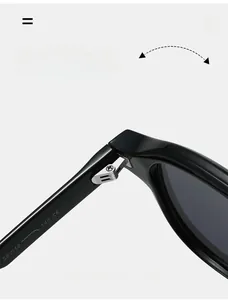 Détail de charnière de lunettes de soleil rondes avec branche de 145mm et logo CE