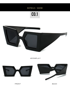 Detailed views of chunky black square sunglasses showing front, back, and 45-degree angle