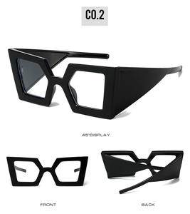 Three-view display showing oversized geometric sunglasses with wide streamlined temples