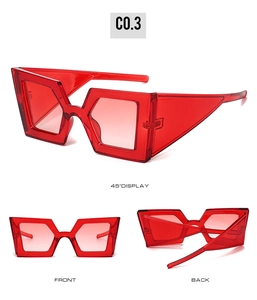 Three-angle view of red chunky geometric sunglasses showing front and side views