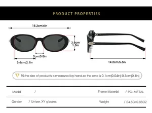 Detailed size chart for retro oval sunglasses showing PC and metal frame dimensions