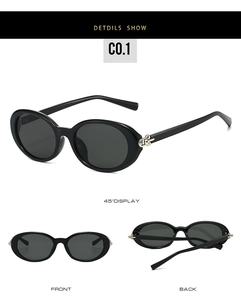 Detailed views of black oval sunglasses featuring silver metal cutout hinges and UV lenses