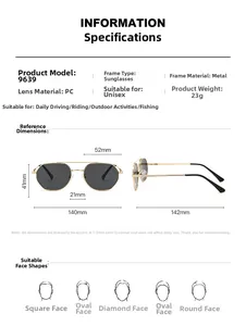 Detailed size chart for metal pilot sunglasses showing frame dimensions and specifications