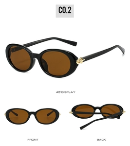 Three-angle view of oval sunglasses with amber lenses and gold ball hinge detail