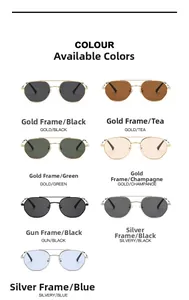 Multiple color options for polygon metal sunglasses including gold, silver, and gunmetal frames