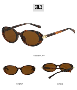 Three-view display of oval tortoiseshell sunglasses with brown lenses and gold hinge detail