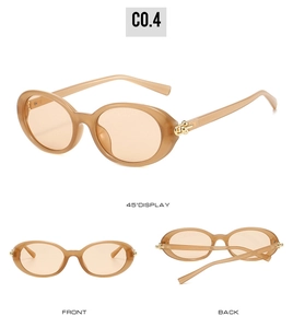 Detailed views of amber oval sunglasses with gold hinge detail in front and back displays