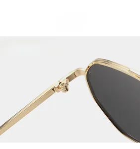 Close-up of durable golden metal hinge and sleek black frame on high-quality sunglasses
