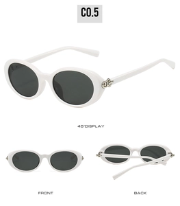 Three views of oval white sunglasses with dark grey lenses and silver metal hinges
