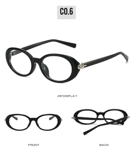 Three-angle view of oval sunglasses showing silver ball hinge detail and sleek black frame