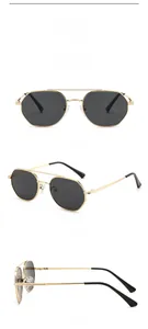 Detailed views of gold metal polygon sunglasses with dark lenses from multiple angles