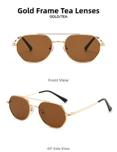 Detailed front and side views of gold polygonal metal sunglasses with tea-tinted lenses
