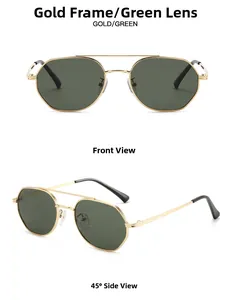 Front and 45-degree side view of vintage aviator sunglasses with gold frames and green lenses