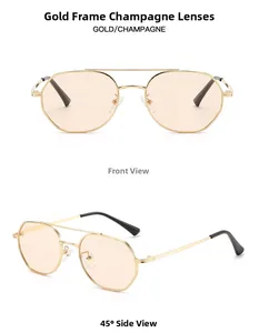Detailed views of polygon metal sunglasses with gold frames and champagne lenses