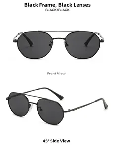 Close-up of geometric black metal sunglasses with double bridge and dark grey lenses