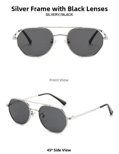 Front and 45-degree side view of silver metal polygon sunglasses with dark lenses