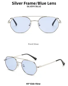 Polygonal silver metal sunglasses with light blue lenses and double bridge design details